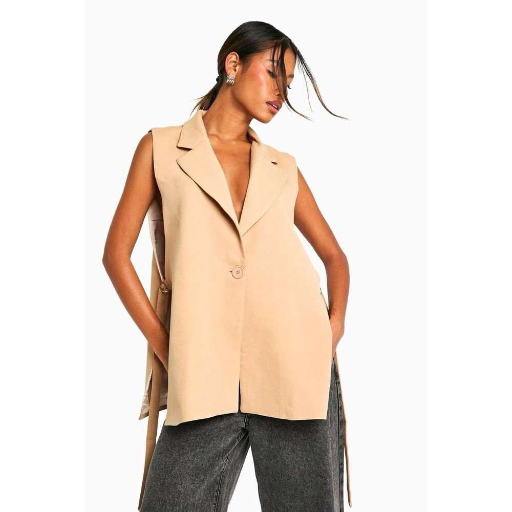 NWT boohoo Longline Tie Side Waistcoat Mocha - Size Small